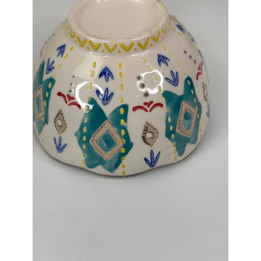 Set Of 4 Hand-Painted Southwest Aztec Boho Ceramic Bowls With Scalloped Edges